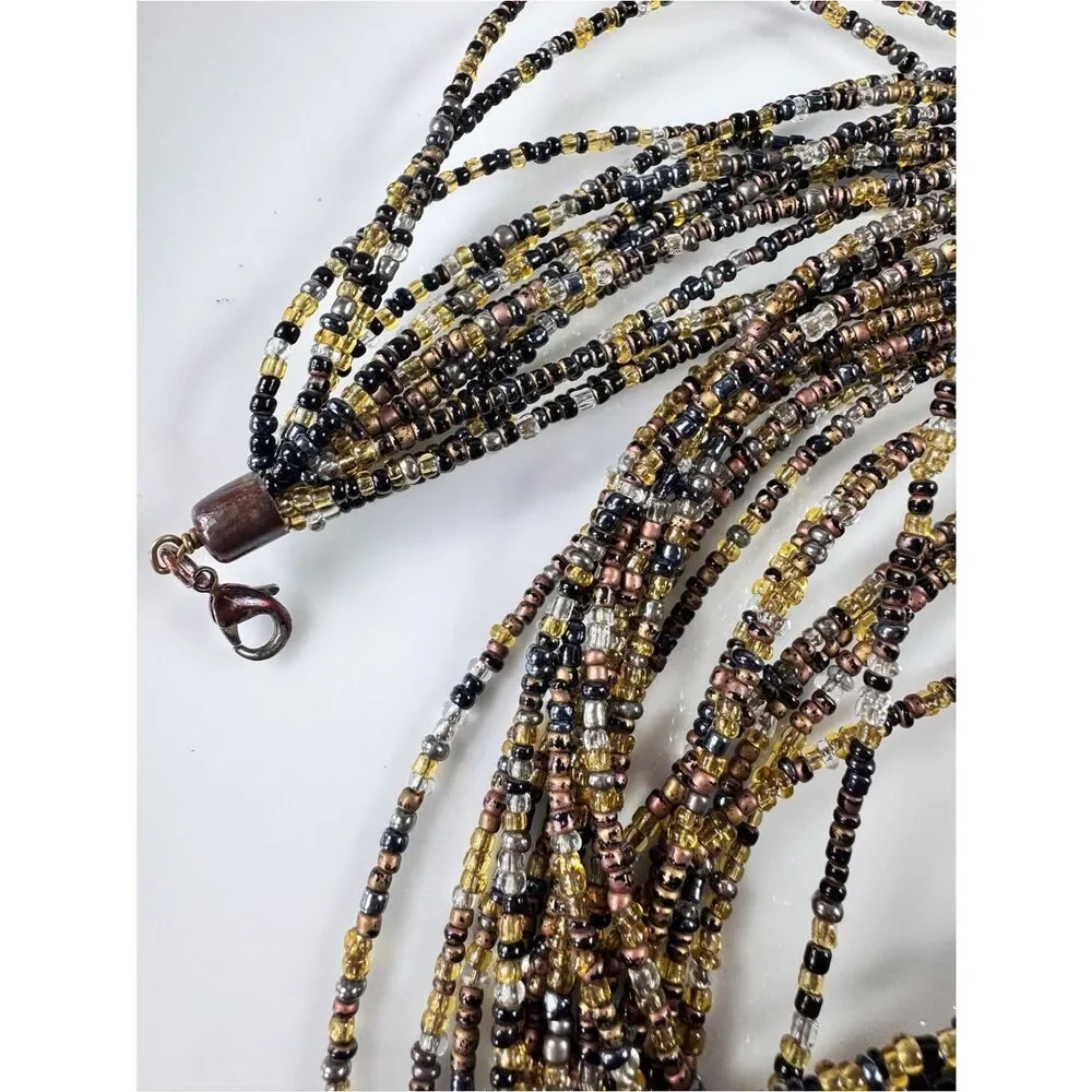 Multi-Strand Seed Bead Necklace in Black and Gold